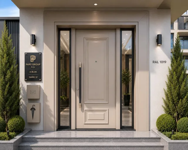 Klasik Panelli Yan Camlı Villa Çelik Kapısı