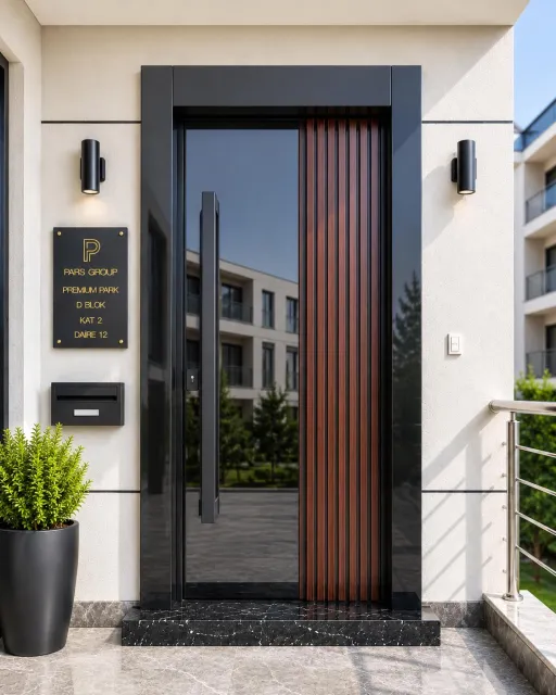 Siyah Cam ve Ceviz Lamelli Modern Çelik Kapı